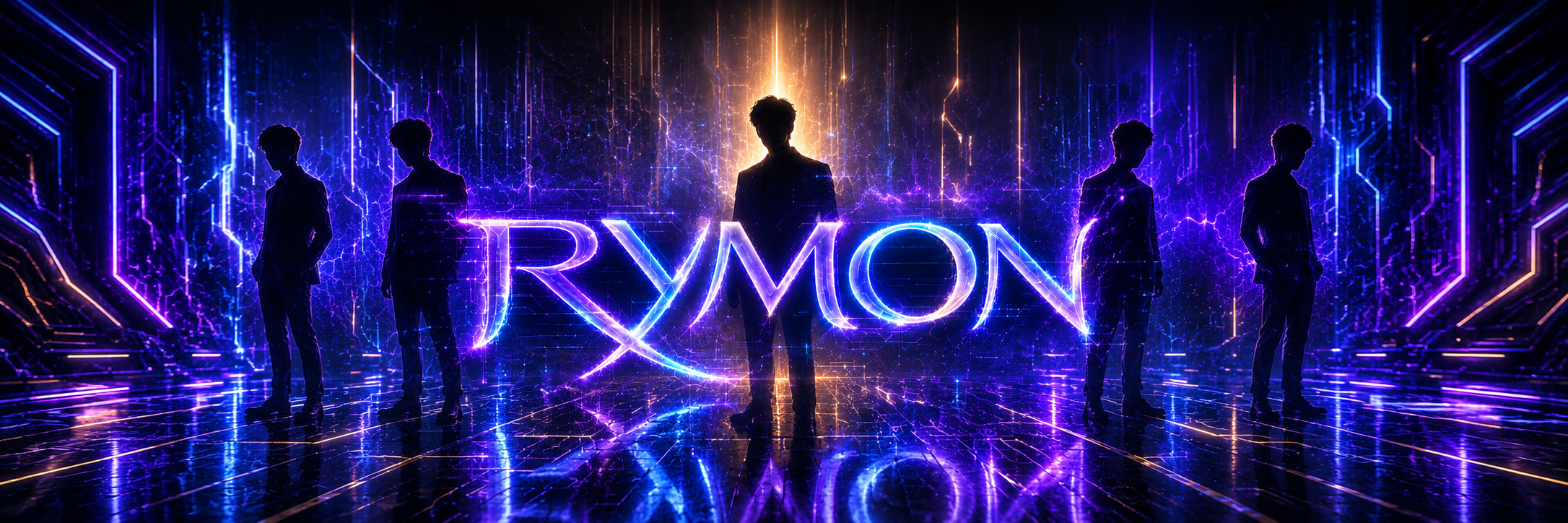 The five silhouettes of RYMON standing before the RYMON emblem in a cinematic panorama