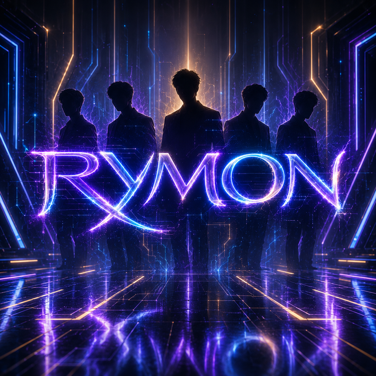 The five members of RYMON in a vertical group portrait with the RYMON emblem